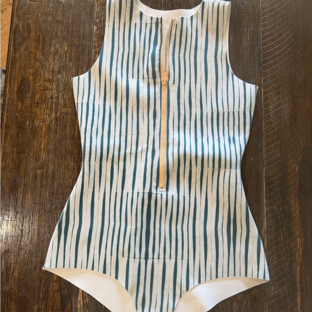 Womens Teal Stripe Zip-Front One-Piece Swimsuit